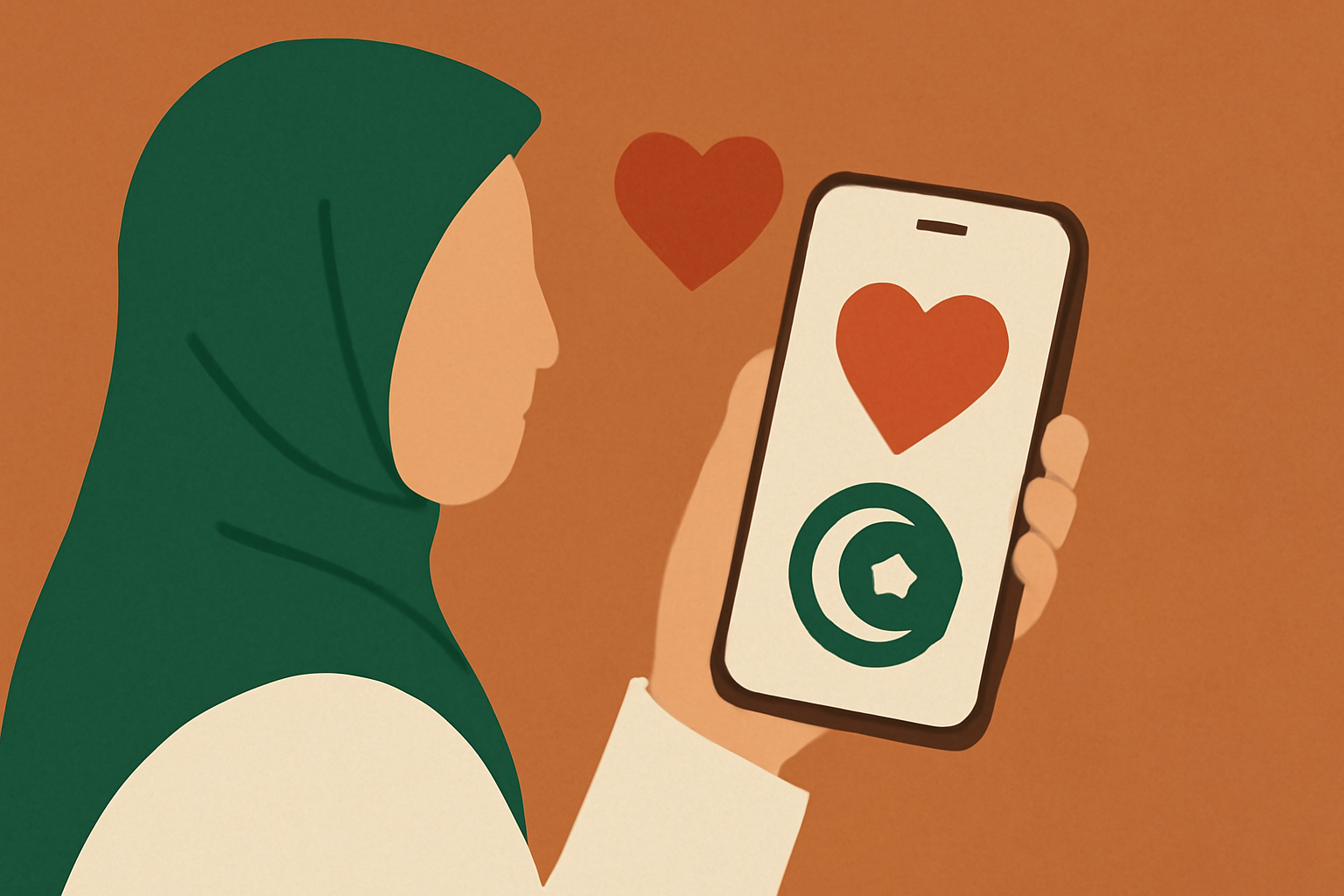 Darstellung einer Muslima mit einem Smartphone in der Hand - Erstellt mit AI-Prompt.