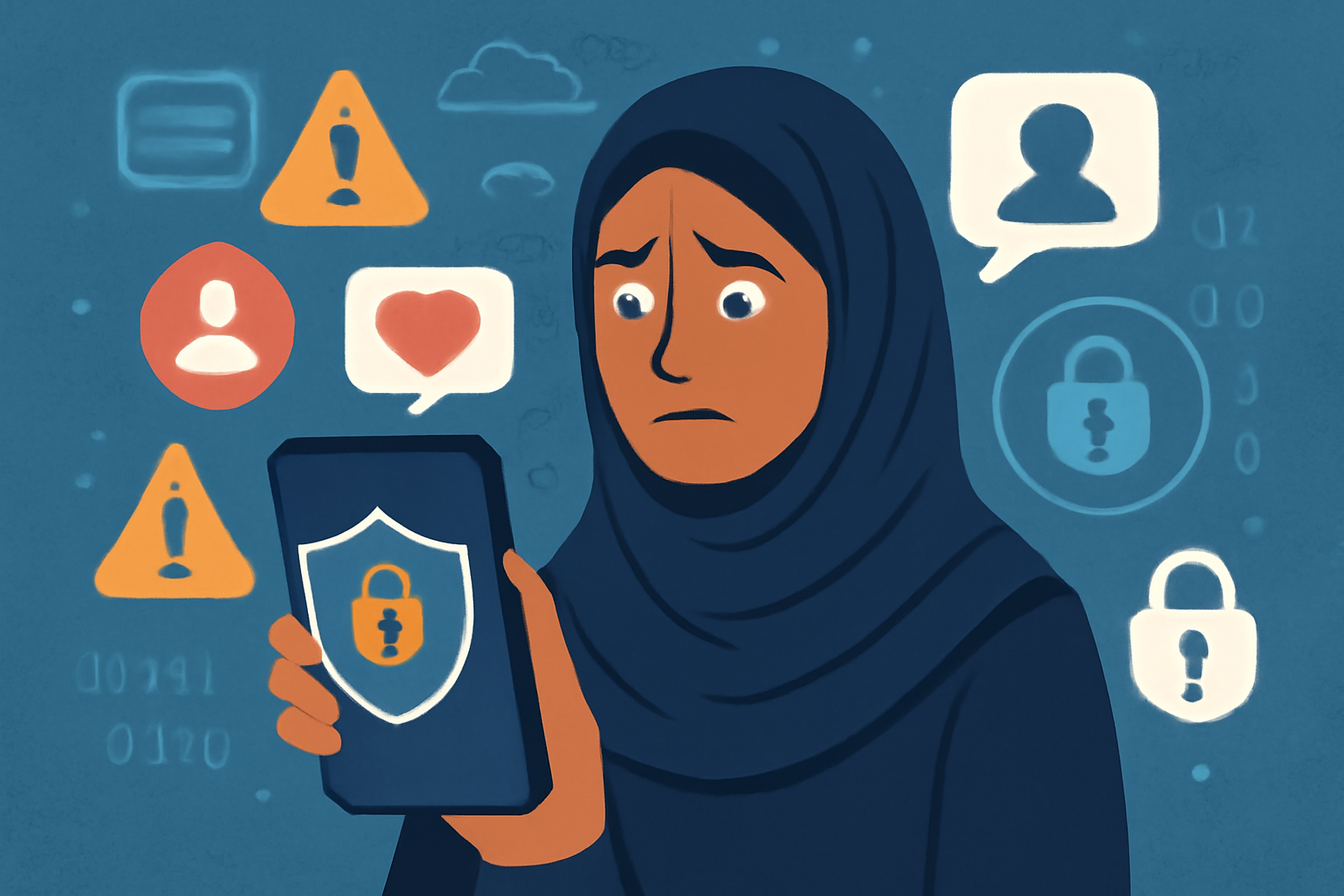 Darstellung einer Muslima mit einem Smartphone in der Hand, um sie herum typische Warnzeichen - Erstellt mit AI-Prompt.
